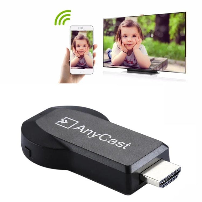 M2 Plus Wireless Dongle for Screen Mirroring on TV showing AnyCast dongle and phone-to-TV 1080P mirroring for photos and videos