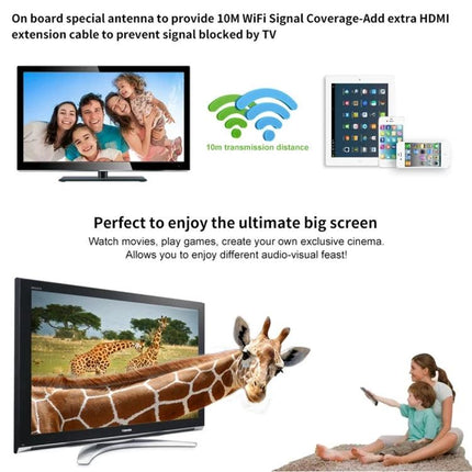 M2 Plus Wireless Dongle for Screen Mirroring on TV showing family streaming 1080P from phone to big screen with 10m WiFi range