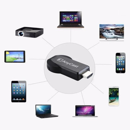 M2 Plus Wireless Dongle for Screen Mirroring on TV showing dongle connected to various devices for 1080P streaming and presentations