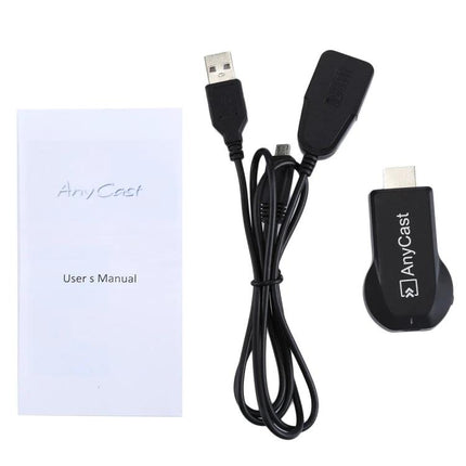 M2 Plus Wireless Dongle for Screen Mirroring on TV showing AnyCast dongle, USB power cable and user manual for 1080P mirroring