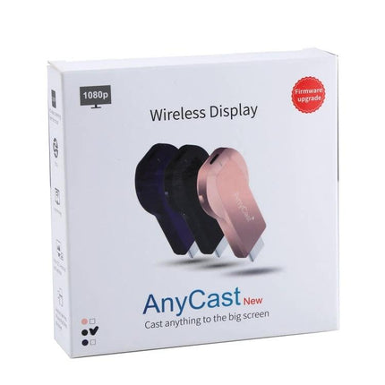 M2 Plus Wireless Dongle for Screen Mirroring on TV - AnyCast-style wireless display dongle box showing 1080P streaming for phones, tablets and laptops