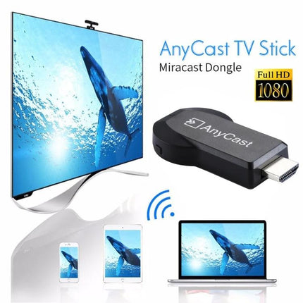 M2 Plus Wireless Dongle for Screen Mirroring on TV showing AnyCast-style HDMI dongle with TV, laptop and smartphone mirroring in 1080P