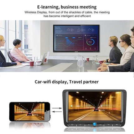 M2 Plus Wireless Dongle for Screen Mirroring on TV showing a business meeting presentation mirrored to a large TV and phone-to-car display