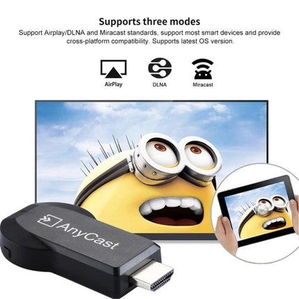 M2 Plus Wireless Dongle for Screen Mirroring on TV displaying AnyCast dongle mirroring a tablet to a 1080P TV for movies, photos, and presentations