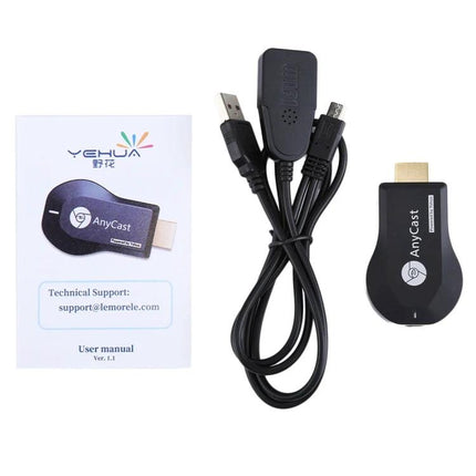 M4 Plus Wireless HDMI Dongle for Smartphone Screen Mirroring - black AnyCast-style dongle with USB cable and user manual, supports 1080P