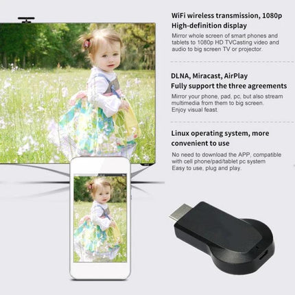 M9 Plus Wireless Dongle for Streaming Videos to TV showing phone screen mirrored on HDTV for family movie nights and presentations