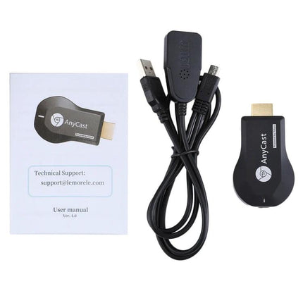 M9 Plus Wireless Dongle for Streaming Videos to TV showing dongle, USB power cable, and user manual for HDTV screen mirroring