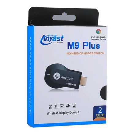 M9 Plus Wireless Dongle for Streaming Videos to TV packaged retail box showing the AnyCast device and wireless display dongle branding