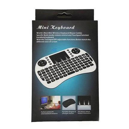 i8 Wireless Keyboard with Touchpad and Arabic Support for Smart Devices compact mini keyboard with touchpad shown on retail packaging