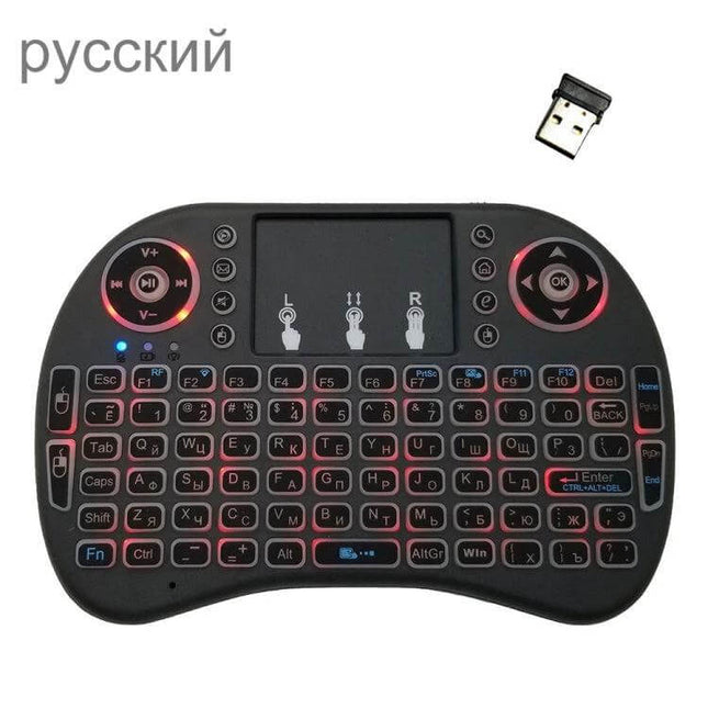 Russian Wireless Backlight Keyboard with Touchpad for TVs compact Russian-layout 2.4GHz wireless keyboard with backlit keys and touchpad for smart TV control