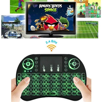I8 Air Mouse Wireless Backlight Keyboard with Touchpad for Smart TVs - compact backlit mini wireless keyboard and touchpad for TV media control