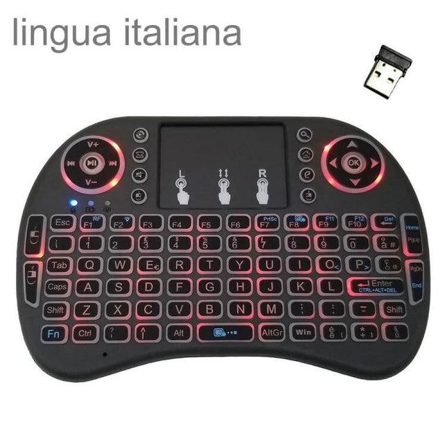 i8 Italian Layout Wireless Keyboard with Touchpad for TVs and PCs, compact backlit Italian-layout mini keyboard with USB receiver
