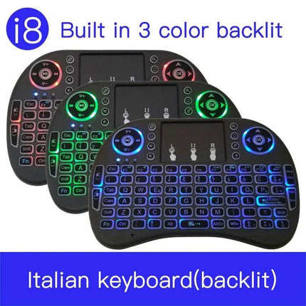 I8 Italian Layout Wireless Keyboard with Touchpad for TVs and PCs showing three backlit colors and built-in touchpad