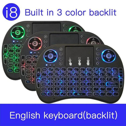 i8 Air Mouse Wireless Keyboard with Touchpad for Smart TVs showing three backlit English keyboards in green red and blue