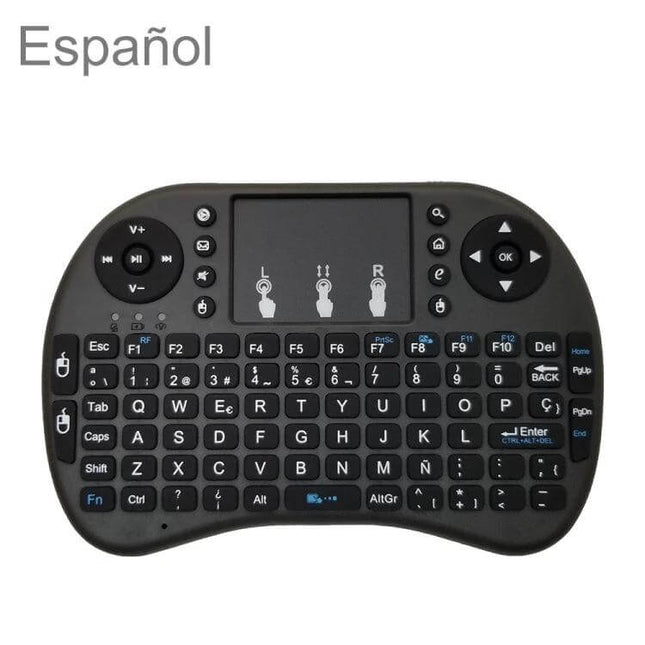 Alt Tag: i8 Air Mouse Wireless Keyboard with Touchpad for Smart Devices - Spanish Layout compact wireless keyboard with touchpad and Spanish layout