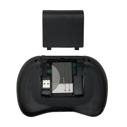 i8 Air Mouse Wireless Keyboard with Touchpad for Smart Devices - Spanish Layout showing battery compartment, USB dongle and removable back cover