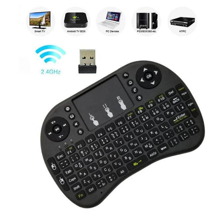 I8 Wireless Keyboard with Touchpad for Smart Devices in Hebrew – compact black wireless hebrew-layout keyboard with touchpad and USB dongle for smart TVs