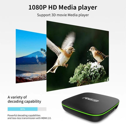 HD Android Smart TV Box for Streaming Media with Remote Control shown with 1080P media player streaming bird video and compact remote-ready box