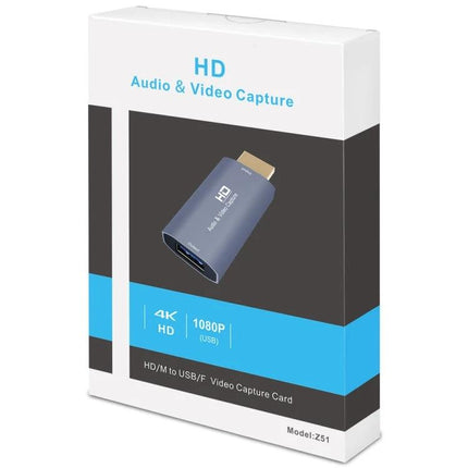 Z51 USB to HDMI Video Capture Card for Video Recording in retail box showing HDMI-to-USB capture device