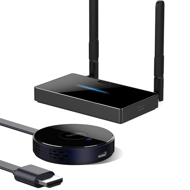 Wireless HDMI Dongle Kit for Screen Mirroring Devices - black transmitter, round receiver and HDMI cable for TV or monitor mirroring