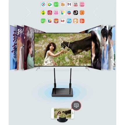Wireless HDMI Dongle Kit for Screen Mirroring Devices showing transmitter, receiver, TV and phone streaming movies and photos