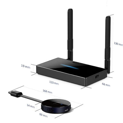 Wireless HDMI Dongle Kit for Screen Mirroring Devices showing transmitter, receiver, antennas and dimensions for TV and monitor mirroring