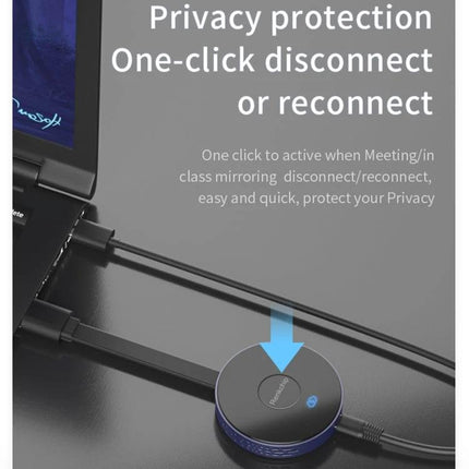 Wireless HDMI Dongle Kit for Screen Mirroring Devices connected to laptop showing one-click disconnect privacy button