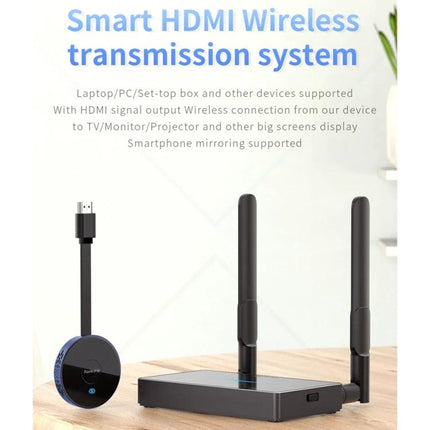 Wireless HDMI Dongle Kit for Screen Mirroring Devices showing transmitter dongle and dual-antenna receiver on a table, ideal for TV or monitor mirroring