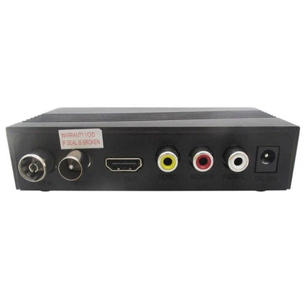 High-Definition Digital TV Receiver with EU Plug for Home Use showing rear connectors including HDMI, coax, RCA and DC input