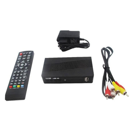 High-Definition Digital TV Receiver with EU Plug for Home Use - black set-top box with remote, EU power adapter and AV cables