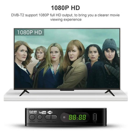 High-Definition Digital TV Receiver with EU Plug for Home Use front view connected to TV showing 1080P HD display