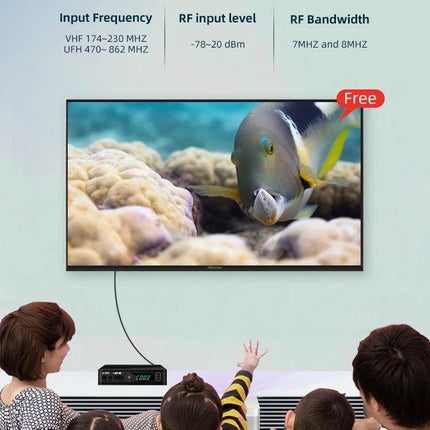 High-Definition Digital TV Receiver with EU Plug for Home Use connected to TV showing HD marine scene, family watching