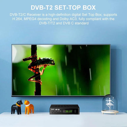 High-Definition Digital TV Receiver with EU Plug for Home Use showing set-top box beneath wall-mounted TV with frog on screen