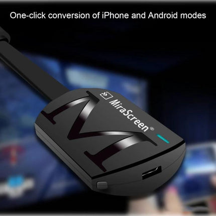 MiraScreen G4 Wireless HDMI Dongle for TV Screen Mirroring showing black dongle connected for one-click iPhone and Android screen mirroring