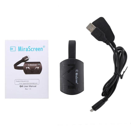MiraScreen G4 Wireless HDMI Dongle for TV Screen Mirroring showing dongle, USB power cable, and user manual