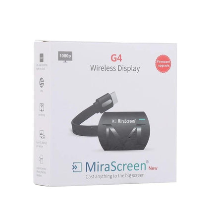MiraScreen G4 Wireless HDMI Dongle for TV Screen Mirroring in retail box showing dongle and HDMI cable for wireless display and casting