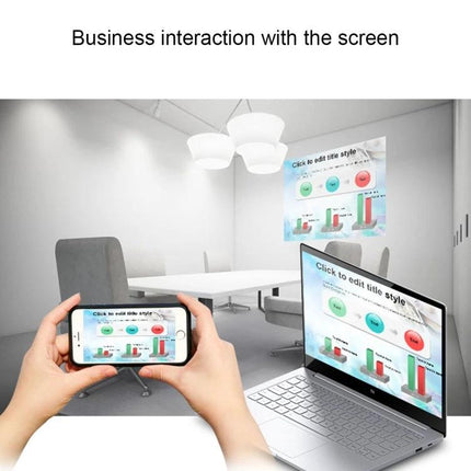 MiraScreen G4 Wireless HDMI Dongle for TV Screen Mirroring showing smartphone, laptop and projector mirroring business presentation in conference room