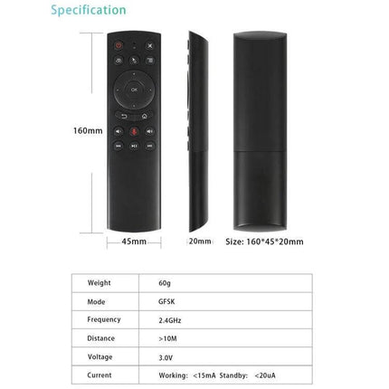 G20S Air Mouse Remote for TV and PC Device Control black remote front and side view with dimensions and specs