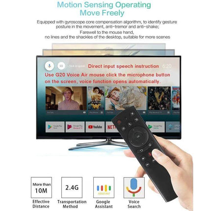 G20S Air Mouse Remote for TV and PC Device Control - hand holding remote pointing at smart TV for streaming and voice search