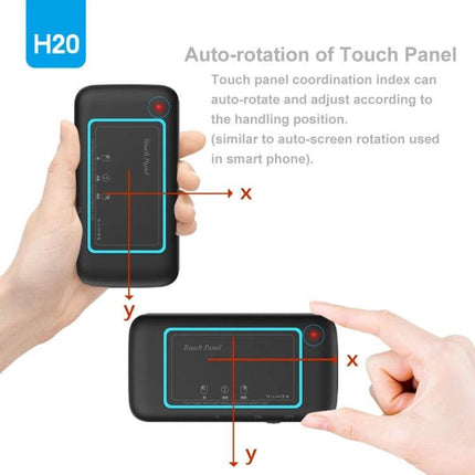 H20 Wireless Touchpad Keyboard for Everyday Computing Tasks showing auto-rotation touch panel demo with hand-held portrait and landscape views