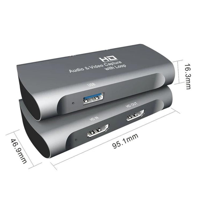 Portable HDMI Video and Audio Capture Device for Everyday Use - aluminum alloy compact HDMI capture with USB and HD in/out, 95.1mm x 46.9mm x 16.3mm