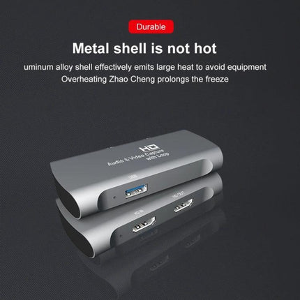 Portable HDMI Video and Audio Capture Device for Everyday Use with aluminum alloy metal shell, HDMI and USB ports for streaming and recording
