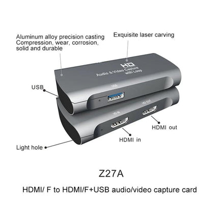 Portable HDMI Video and Audio Capture Device for Everyday Use - aluminum alloy HDMI in/out and USB capture card Z27A for recording and streaming