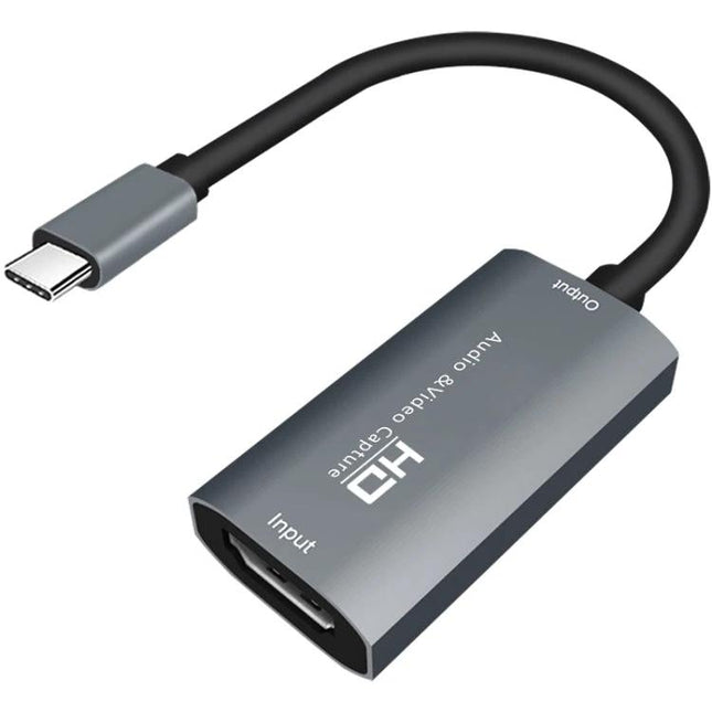 Portable HDMI to USB-C Video and Audio Capture Device for Recording, compact gray HDMI-to-USB-C capture dongle with cable