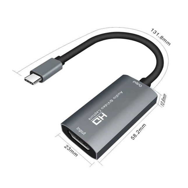 Portable HDMI to USB-C Video and Audio Capture Device for Recording showing USB-C cable and HDMI input with dimensions