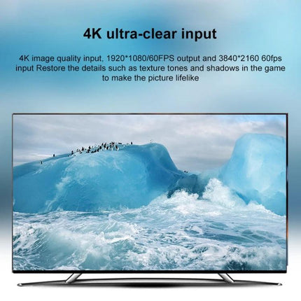 Portable HDMI to USB-C Video and Audio Capture Device for Recording showing 4K ultra-clear input on a TV displaying icy ocean scenery