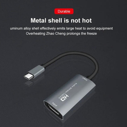 Portable HDMI to USB-C Video and Audio Capture Device for Recording metal-shell USB-C capture dongle showing HDMI input and compact design