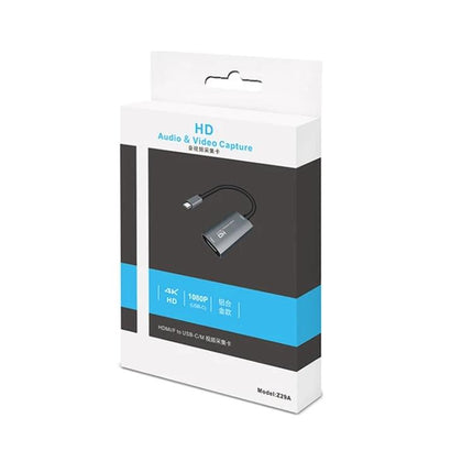 Portable HDMI to USB-C Video and Audio Capture Device for Recording in retail packaging showing adapter image