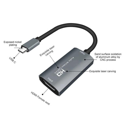 Portable HDMI to USB-C Video and Audio Capture Device for Recording compact gray aluminum HDMI-to-USB-C adapter for streaming and gameplay capture