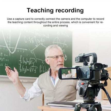 Portable HDMI to USB-C Video and Audio Capture Device for Recording capturing a teacher lecturing in front of a chalkboard, camera recording the lesson